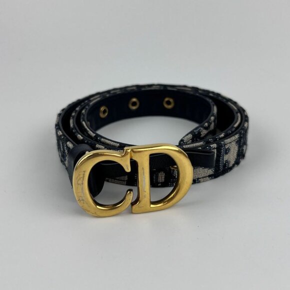 Christian Dior Trotter Belt 75 Leather Canvas Navy Vintage